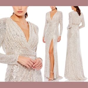 NEW $398 IEENA for Mac Duggal [ 6 ] Sequin Faux‎ Wrap Gown in Silver Nude